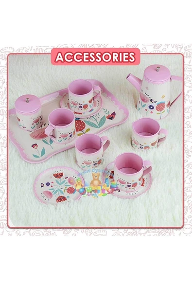 Fırsat Oyuncak Metal 12 Parça Çay Seti Fincan Takımı Kutulu Metal Evcilik Oyunu Pembe
