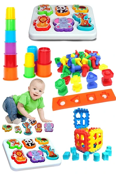Oruç Oyuncak Oyuncak Bultak Eğitici Geometri Şekiller Civata  Dizayn Kule Neşeli Hayvanlar Zeka Geliştirici Set ürün görseli