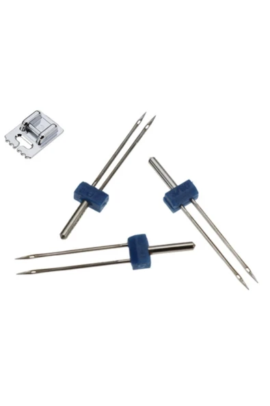 Janome Singer Zetina Bernina Uyumlu Çift İğne ve Nervür Ayak Set (iğne Paket Içinde 2mm,3mm ve 4 Mm'dir.)