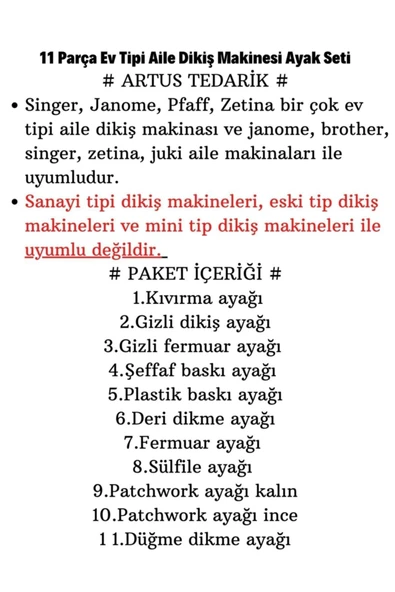 Ev Tipi Aile Dikiş Makinesi Ayak Seti Singer Janome Pfaff Zetina 11 Parça - 2