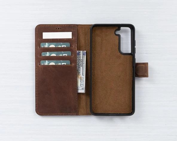 Samsung Galaxy S21 FE Uyumlu Deri Cüzdanlı Kılıf G2 Kahverengi - 2