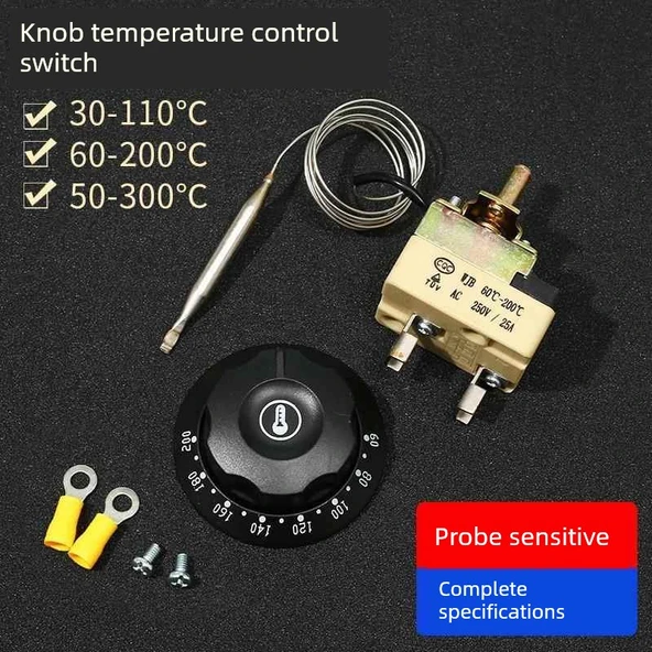 Elektrikli Fırın Kızartma Düğmesi Termostatı - 16A Kırmızı Alt 50-300 Derece (Priz Arayüzü) 2 Pin - 3
