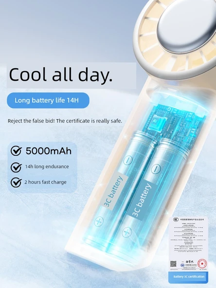 Taşınabilir El Tipi Soğutma Fanı - Ay Işığı Beyaz - 5000mAh - 5