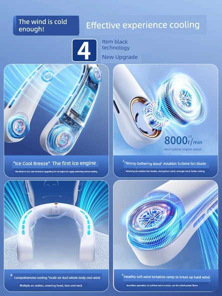 USB Şarjlı Boyun Fanı - 10000 mAh Buz Gölü Mavisi - 2