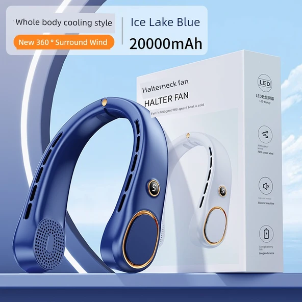USB Şarjlı Boyun Fanı - 20000 mAh Buz Gölü Mavisi