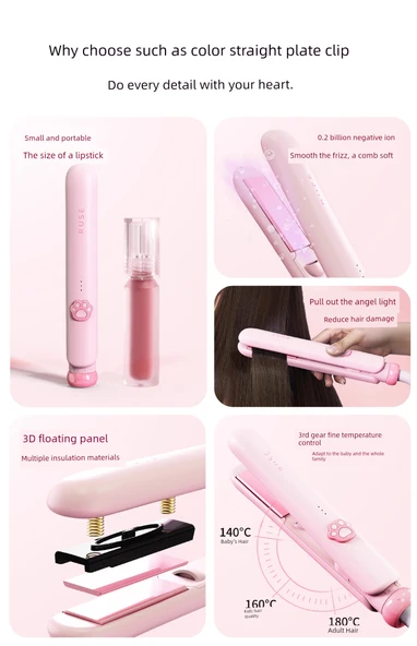Mini Taşınabilir Saç Düzleştirici ve Maşası - Pembe - 180°C - 3 Mod - 11