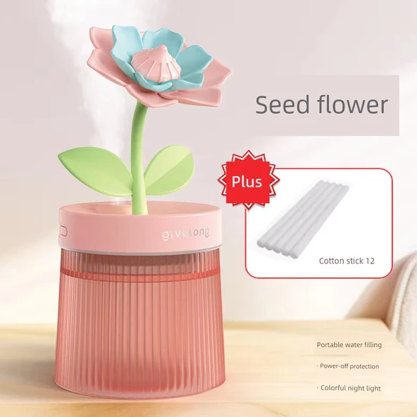 USB Nemlendirici - Pembe [Gardenya] + 12 Pamuklu Çubuk - Büyük Kapasite - Sessiz Nano Sprey - Sıcak Atmosfer Lambası