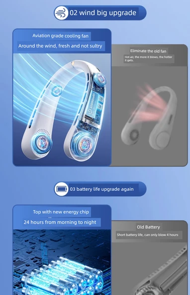 USB Şarjlı Boyun Fanı - 10000 mAh Buz Gölü Mavisi - 10