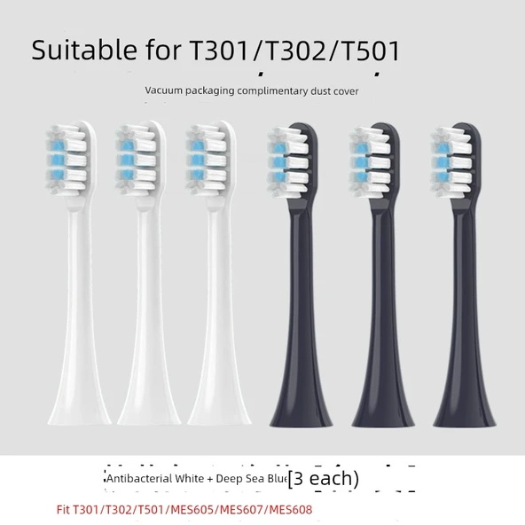 Elektrikli Diş Fırçası Başlığı - Antibakteriyel Beyaz + Derin Deniz Mavisi 3 Adet - T301/T302/T501