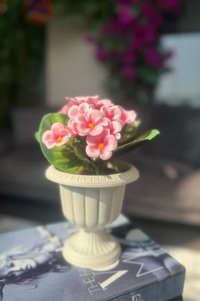 Yapay Çiçek Krem Antik Saksıda Pembe Kadife Menekşe Gerçekçi Doku 22cm