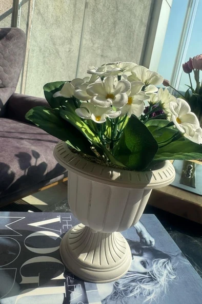 Nettenevime Yapay Çiçek Krem Antik Saksıda Beyaz Kadife Menekşe Gerçekçi Doku 22cm - 4