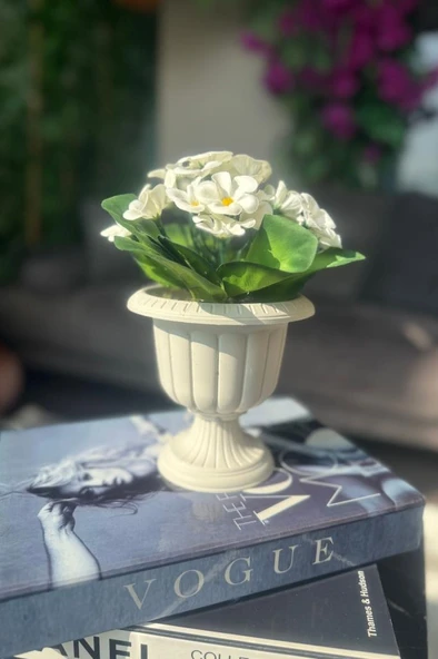 Nettenevime Yapay Çiçek Krem Antik Saksıda Beyaz Kadife Menekşe Gerçekçi Doku 22cm - 5