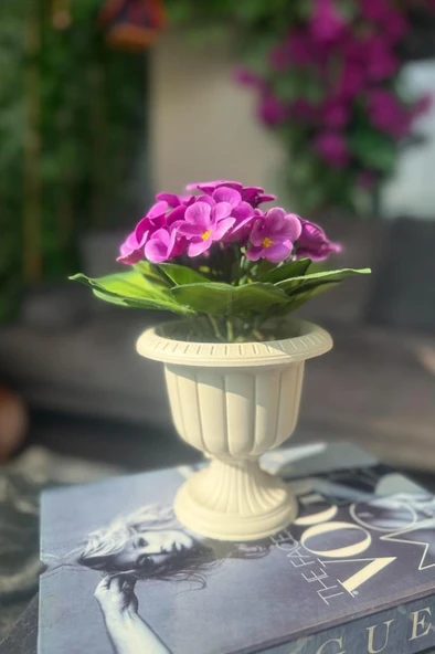 Nettenevime Yapay Çiçek Krem Antik Saksıda Mor Kadife Menekşe Gerçekçi Doku 22cm - Resim 2