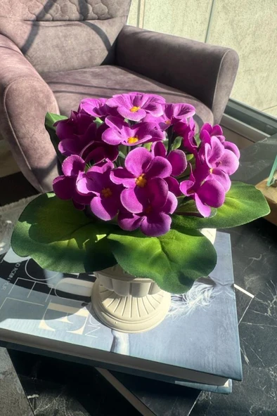 Nettenevime Yapay Çiçek Krem Antik Saksıda Mor Kadife Menekşe Gerçekçi Doku 22cm - Resim 3