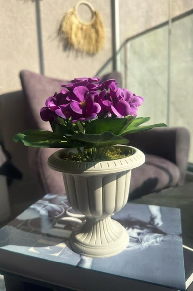 Nettenevime Yapay Çiçek Krem Antik Saksıda Mor Kadife Menekşe Gerçekçi Doku 22cm - Resim 5