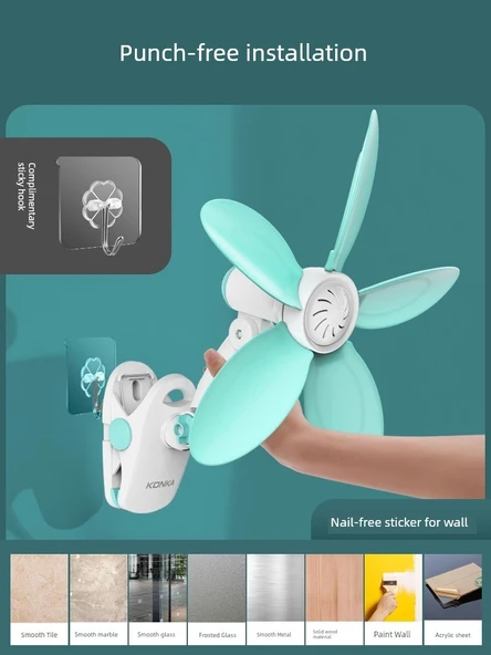 Mini Klip Fan - Mavi Yükseltme - Deliksiz Fan + Yapışkan Askı + 2m Uzaktan Kumanda Zamanlayıcı Uzatma Kablosu - 5