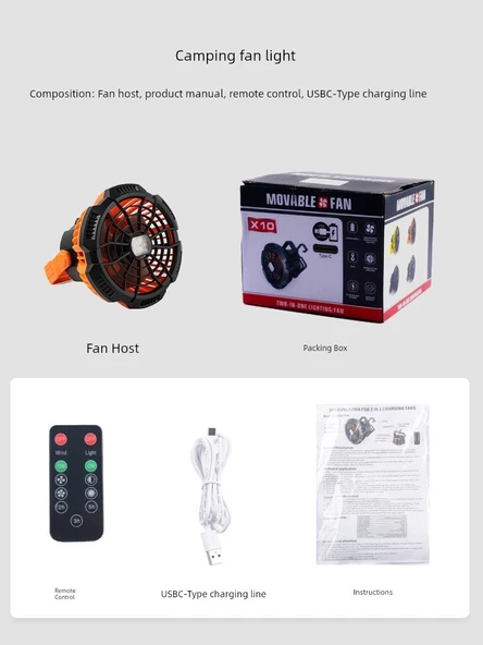 USB Fan Lamba - Taşınabilir Gece Balıkçılığı - X10 Uzaktan Kumandalı - Turuncu - 5200mAh - 6