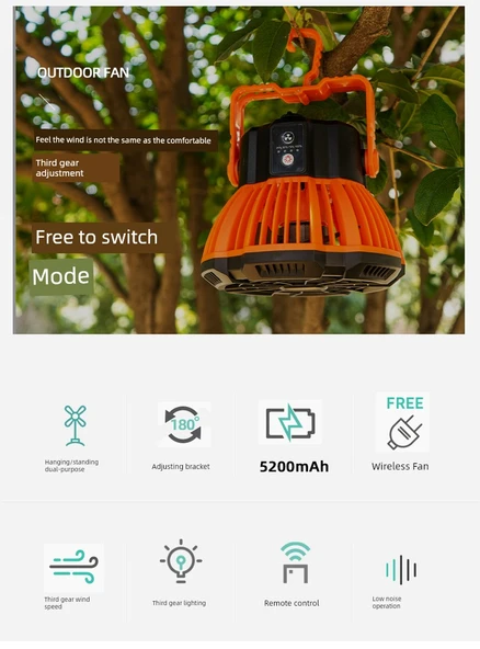 USB Fan Lamba - Taşınabilir Gece Balıkçılığı - X10 Uzaktan Kumandalı - Turuncu - 5200mAh - 8
