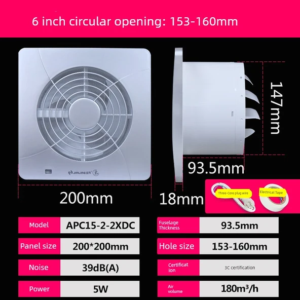 6 İnç 5 Watt Frekans Dönüşüm Sivrisinek Ağı Cam/Duvar Yuvarlak Delik 150-170mm Egzoz Fanı