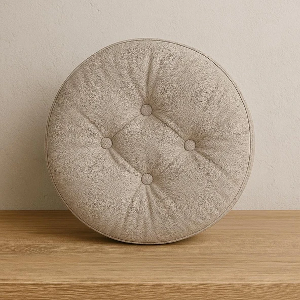 Yuvarlak Oturma Minderi  40 Cm, Kırpık Kavçuk Dolgulu, 4 Düğmeli, Döşemelik Kumaş