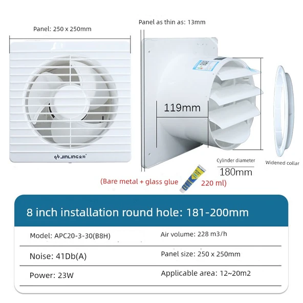 Banyo Egzoz Fanı - 8 İnç - Düz Metal Model + Cam Yapıştırıcı Seti