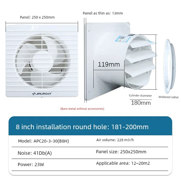 Banyo Egzoz Fanı - 8 İnç - Düz Metal Açıklığı: 181-200mm