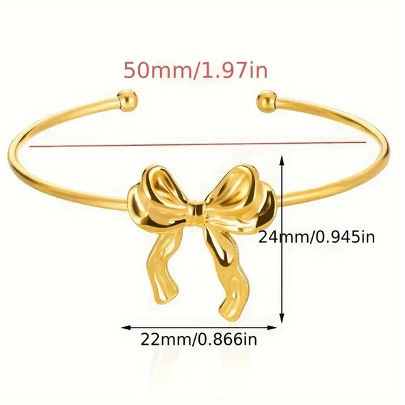 Gold Renk Fiyonk Figürlü Ayarlanabilir Çelik Bileklik | Zarif ve Şık Kadın Takı - Resim 4