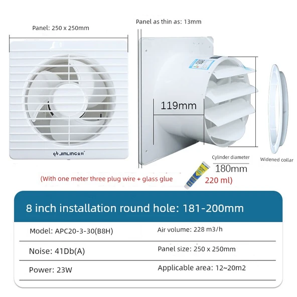 Banyo Egzoz Fanı - 8 İnç - Hat + Cam Yapıştırıcı Seti