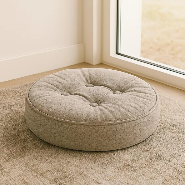 Yuvarlak Oturma Minderi  40 Cm, Kırpık Kavçuk Dolgulu, 4 Düğmeli, Döşemelik Kumaş - 3