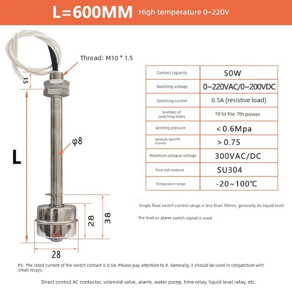 Yüksek Sıcaklık Paslanmaz Çelik Float Switch 600mm 0~220V