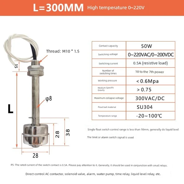 Yüksek Sıcaklık Paslanmaz Çelik Float Switch 300mm 0~220V