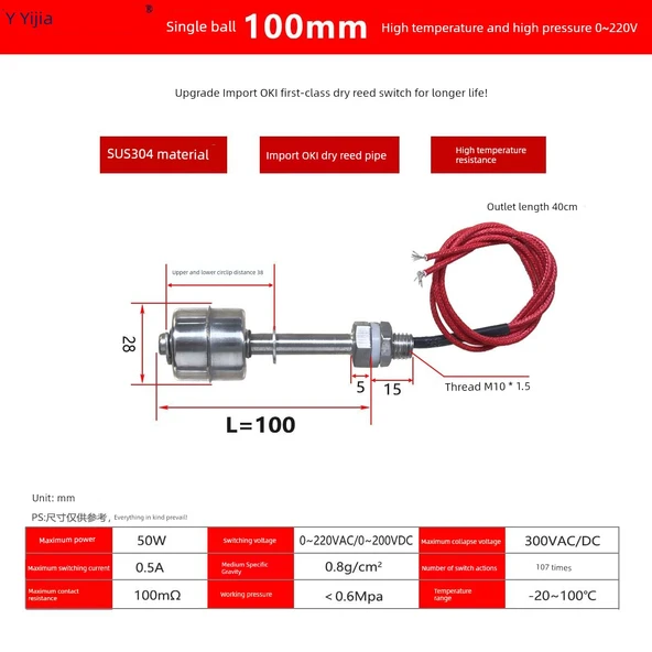 Yüksek Sıcaklık Paslanmaz Çelik Float Switch 100mm 0~220V OKI butik