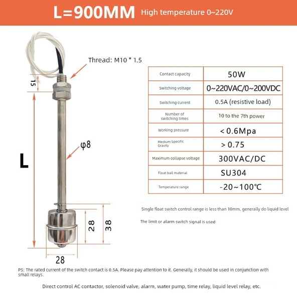 Yüksek Sıcaklık Paslanmaz Çelik Float Switch 900mm 0~220V