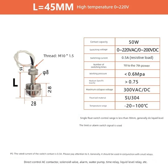 Yüksek Sıcaklık Paslanmaz Çelik Float Switch 45mm 0~220V