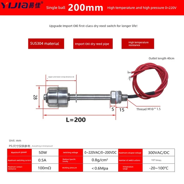 Yüksek Sıcaklık Paslanmaz Çelik Float Switch 200mm 0~220V OKI butik