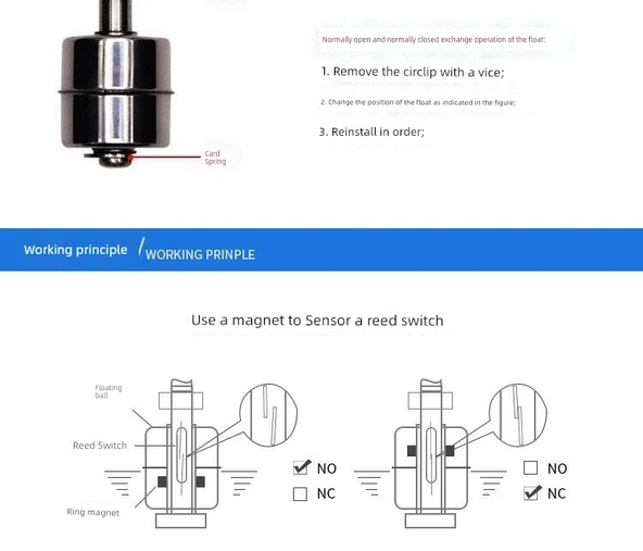 Yüksek Sıcaklık Paslanmaz Çelik Float Switch 45mm 0~220V - 11