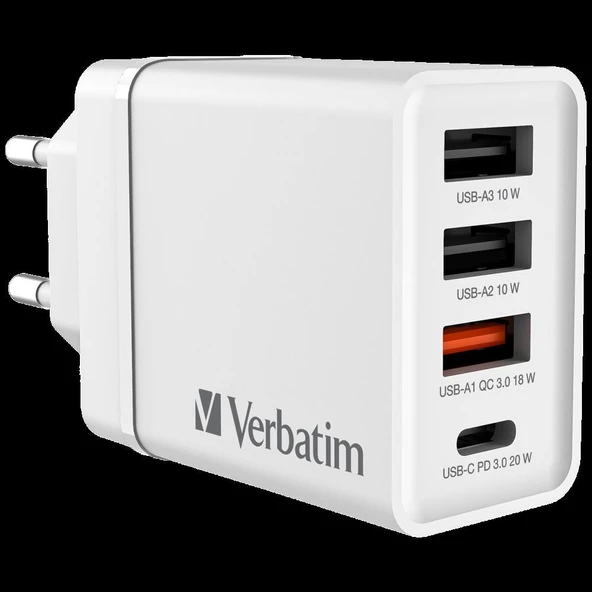 VERBATIM CHR-30EU2 USB CHARGER 30W WITH 1XUSB-C PD 20W/1XUSB-A QC 3.0/ 2XUSB