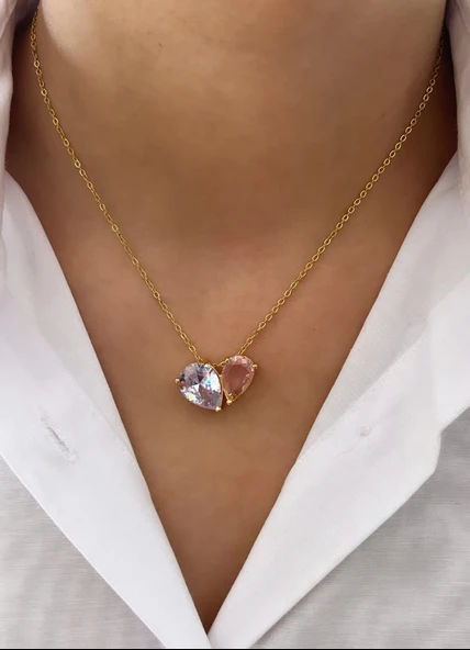 Gold Renk Parlak Pembe Taşlı Şık Zarif ve Anlamlı Hediye Çift Kalp Çelik Kolye