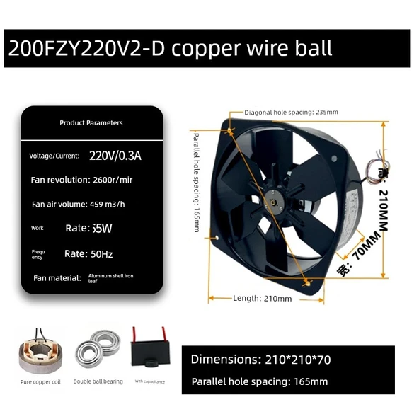 200FZY 2-D Demir Yaprak 220V 65W Kare Çıkışlı Eksenel Akış Fanı