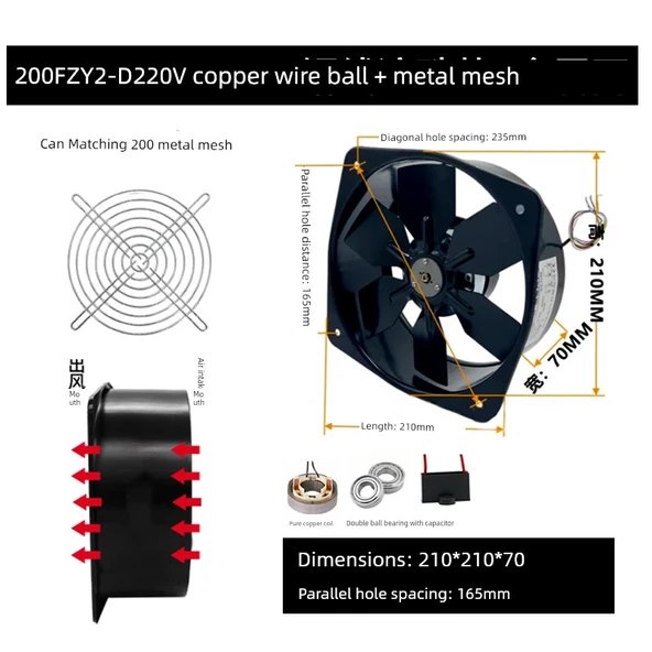 200FZY 2-D Demir Yaprak 220V 65W Kare Çıkışlı Eksenel Akış Fanı Demir Ağı ile