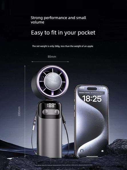 Gri Taşınabilir El Fanı - 4800mAh - 100 Hız - Dijital Ekran - Çok Açılı - Masaüstü/El/Askı - Ön Buton - Geliştirilmiş Pil - 5