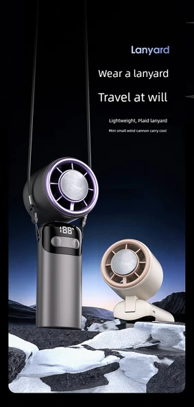 Beyaz Taşınabilir El Fanı - 4800mAh - 100 Hız - Dijital Ekran - Çok Açılı - Masaüstü/El/Askı - Ön Buton - Geliştirilmiş Pil - 8
