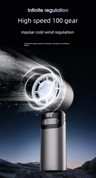 Bej Taşınabilir El Fanı - 2400mAh - 100 Hız - Dijital Ekran - Çok Açılı - Masaüstü/El/Askı - Ön Buton - 12