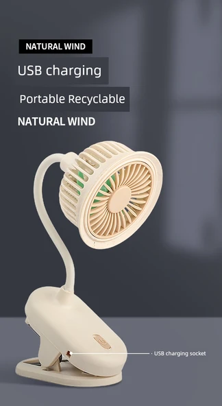 USB Şarjlı Mini Taşınabilir Klip Fan - Et Rengi - 250mAh - 12