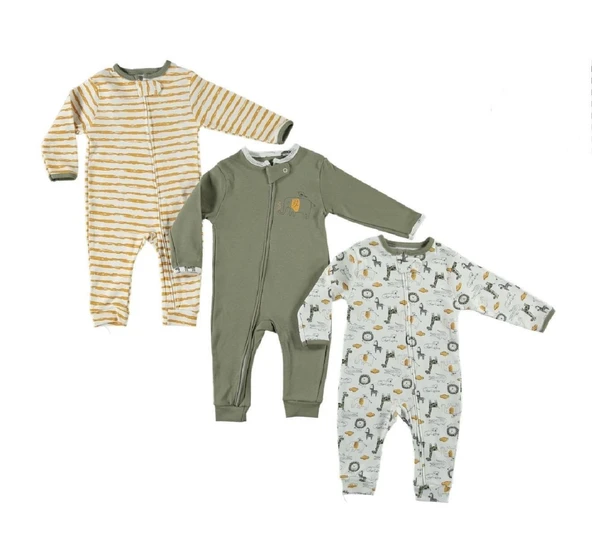 Fil Detaylı, Karışık Hayvan Figürlü, Çizgili Fermuarlı 3'lü Tulum Seti