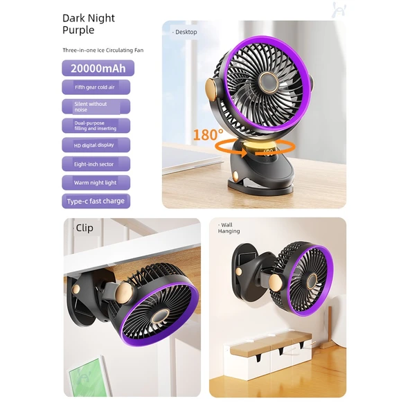 8 İnç USB Elektrikli Klip Fan - Dyson Mor - 20000mAH - AI Dijital Ekran