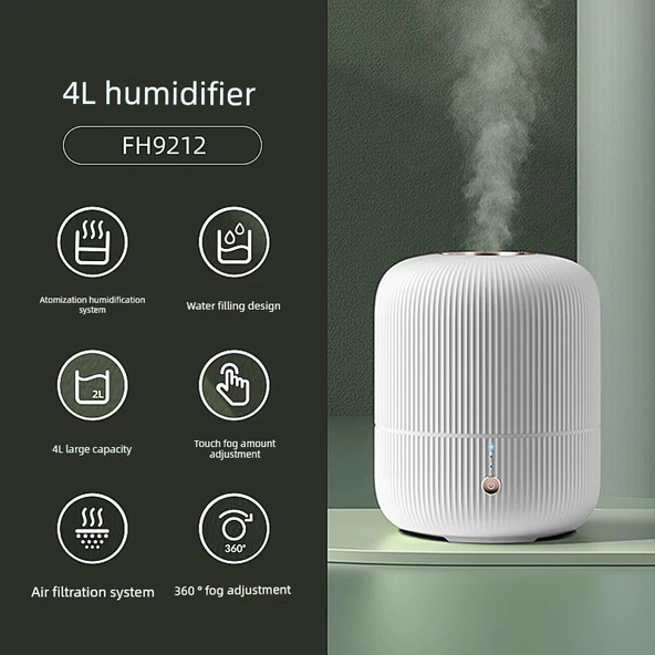 Ultrasonik Nemlendirici - Minimalist Beyaz - 4L Büyük Kapasite