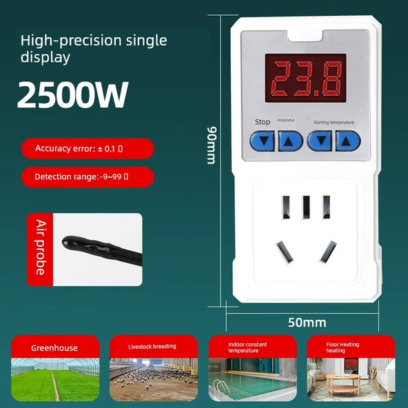 Dijital Ekranlı Sıcaklık Kontrol Prizi - Yüksek Hassasiyet Tek Ekran Hava Başlığı 10A 2500W