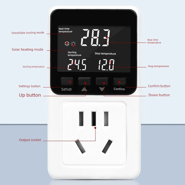 Dijital Ekranlı Sıcaklık Kontrol Prizi - Yüksek Hassasiyet LCD Üç Ekran Su Geçirmez Başlık 16A 3500W Arka Işık ile - 4