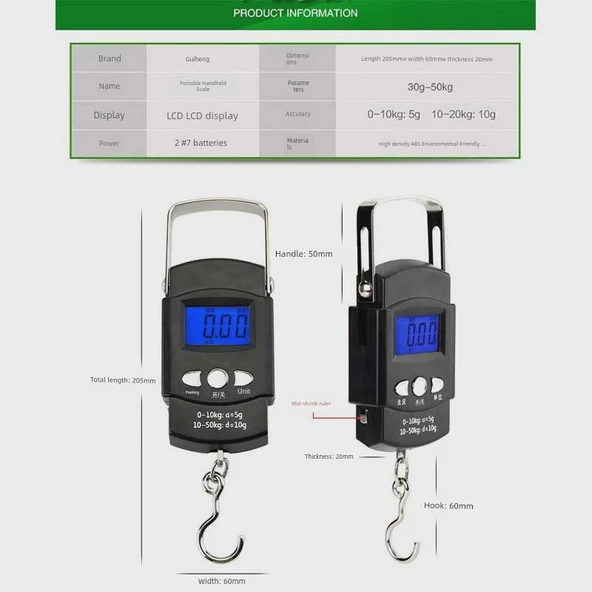 Taşınabilir Elektronik Kanca Terazisi - Çince - 50kg/10g - Mezura ile - 9